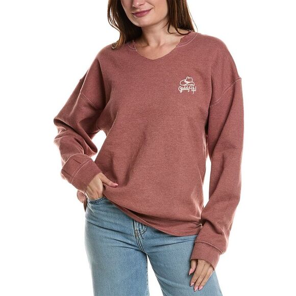 Project Social T Womens  Giddy Up Embroidered Cut Crew Sweatshirt, Orange - Picture 1 of 3